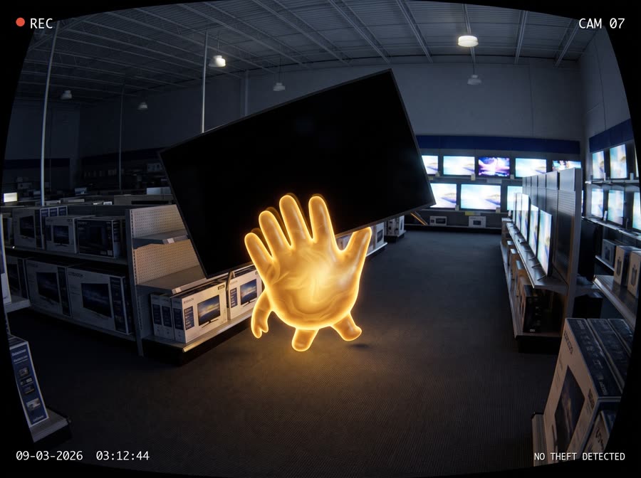 CCTV: the hand carrying a TV out of electronics